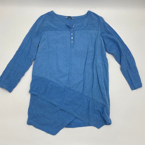 SOFT SURROUNDINGS Blue Linen Blend Breezy Nights Asymmetrical Blouse Women Sz L - Picture 1 of 6
